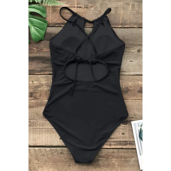 NEW Black Tummy Control Cutout High Neck One Piece Swimsuit Size XL - Picture 3 of 4
